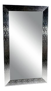 Postmodern Silver Mylar Wall Mirror 31 x 55.25 Rectangular: Postmodern Silver Mylar Wall Mirror 31 x 55.25 Rectangular This striking postmodern wall mirror features a textured chrome-colored plastic frame that measures 4" W, surrounding a large rectangular mir