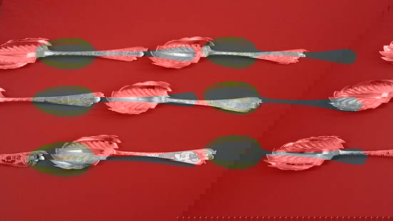 English Victorian Silver Dessert Spoon Set of 6 Elaborate Chased 6 3/4": English Victorian Silver Dessert Spoon Set of 6 Elaborate Chased 6 3/4" This exquisite set of six English Victorian sterling silver dessert spoons features elaborate chased designs and gold-washed lea
