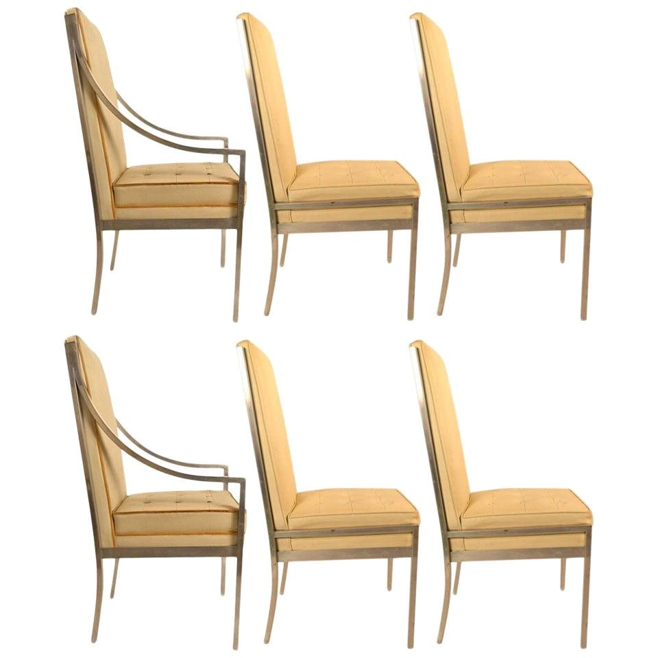 Set of 6 Chrome Aluminum Frame High Back Dining Chairs: Set of 6 Chrome Aluminum Frame High Back Dining Chairs This set of six high back dining chairs features two armchairs and four side chairs, all constructed with polished square aluminum frames. The se