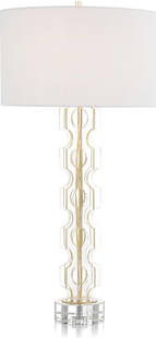 John-Richard Gold Edged Acrylic Lamp with Crystal Base: John-Richard Gold Edged Acrylic Lamp with Crystal Base Illuminate your space with this stunning Gold Edged Acrylic Lamp featuring a luxurious crystal base. This elegant table lamp stands at a height o