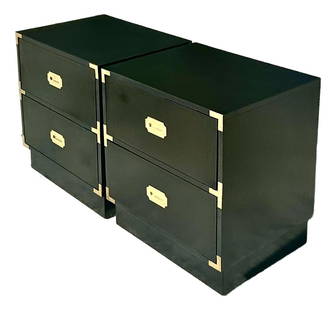 Pair of Vintage Black Lacquered Campaign Nightstands with Brass Accents: Pair of Vintage Black Lacquered Campaign Nightstands with Brass Accents Enhance your bedroom or living area with this exquisite pair of vintage lacquered campaign nightstands. Showcasing a sleek black