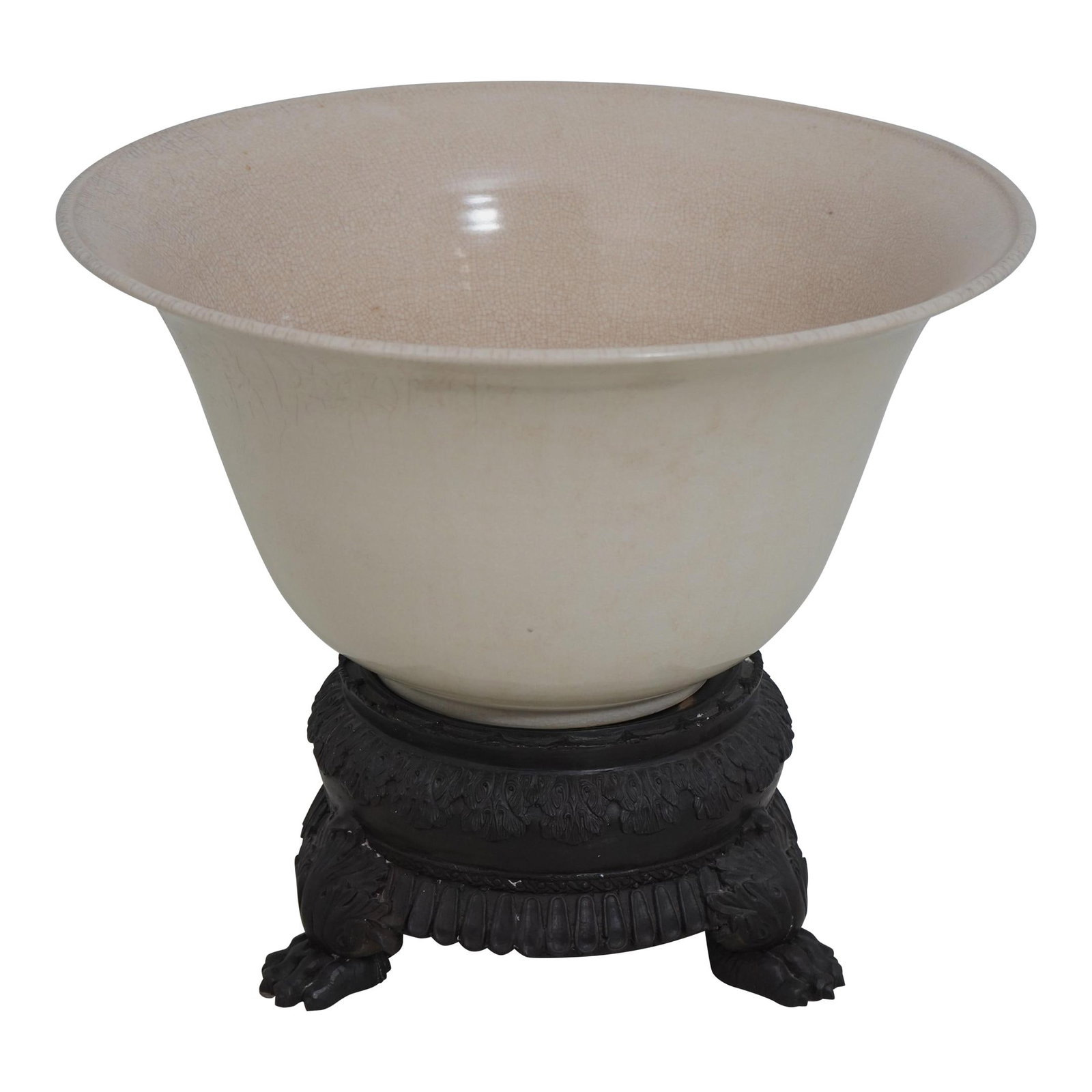 Maitland Smith Large Porcelain Center Bowl with Bronze Base 20.5": Maitland Smith Large Porcelain Center Bowl with Bronze Base 20.5" This striking center bowl features an ornate bronze base and a stunning crackle finish, highlighting its quality craftsmanship. Perfec