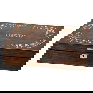 Victorian Rosewood Lotto Box with Mother of Pearl Inlay Circa 1890: Victorian Rosewood Lotto Box with Mother of Pearl Inlay Circa 1890 This exquisite Antique Victorian Lotto Box, crafted from rich rosewood, showcases intricate mother of pearl inlay. Dating back to cir
