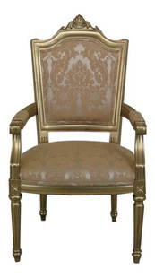 1990s French Louis XV Style Gold Open Arm Chair Damask Upholstery: 1990s French Louis XV Style Gold Open Arm Chair Damask Upholstery This exquisite 1990s French Louis XV Style Open Arm Chair showcases elegant carved details and a luxurious gold decoration. Crafted wi