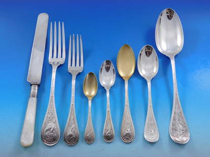 John R. Wendt Bird Sterling Silver Flatware Set 72 Pieces Victorian Era: John R. Wendt Bird Sterling Silver Flatware Set 72 Pieces Victorian Era This exquisite 72-piece sterling silver flatware set, crafted by John R. Wendt & Co. in the rare Bird pattern, showcases a stunn