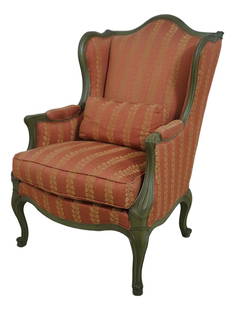 Hickory Chair Co Aged Green French Bergere Chair: Hickory Chair Co Aged Green French Bergere Chair This exquisite French Bergere chair by Hickory Chair Co features a charming aged green painted finish that adds a touch of elegance to any room. With i