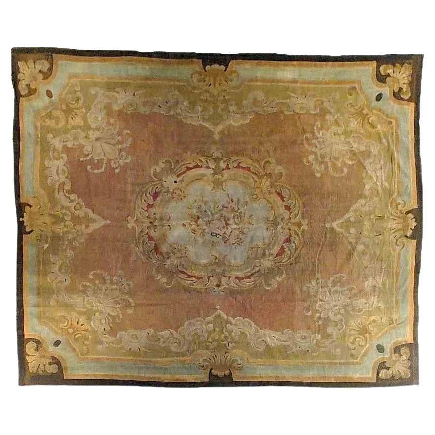 19th Century Antique French Aubusson Carpet Wool Floral Medallion: 19th Century Antique French Aubusson Carpet Wool Floral Medallion This exquisite 19th-century French Aubusson carpet exemplifies the intricate craftsmanship characteristic of the Aubusson region. It f