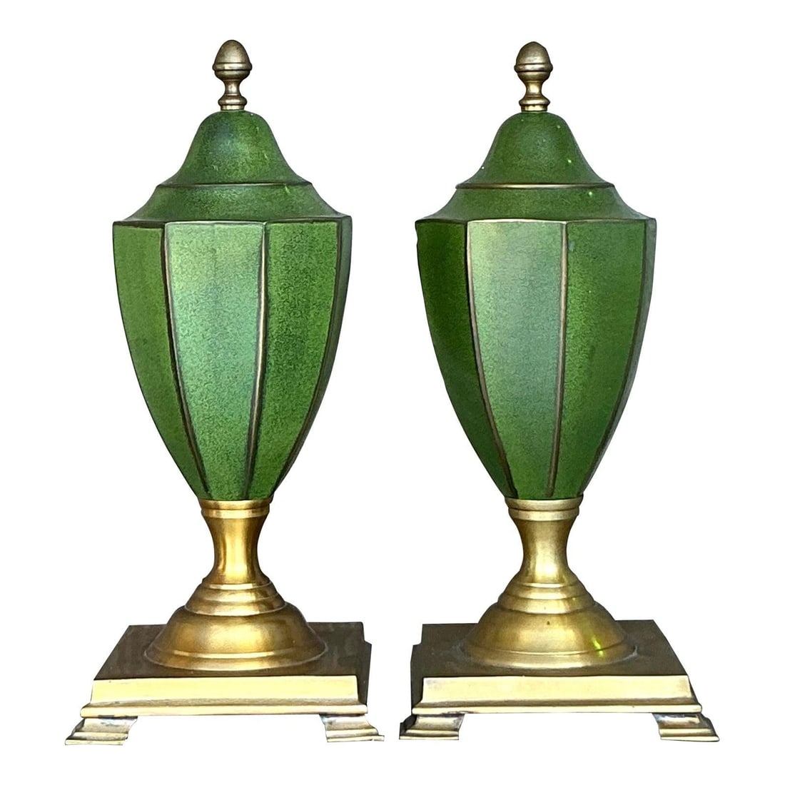Pair of Vintage Regency Style Bronze Urns with Green Finish: Pair of Vintage Regency Style Bronze Urns with Green Finish Elevate your interior decor with this exquisite pair of vintage Regency style urns. Featuring a rich deep green body complemented by gilded 