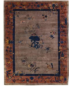 Antique Art Deco Hand-Knotted Chinese Floral Wool Rug 8'10" x 11'5": Antique Art Deco Hand-Knotted Chinese Floral Wool Rug 8'10" x 11'5" This exquisite antique Art Deco Chinese rug features a hand-knotted wool construction, showcasing a captivating gray field accented