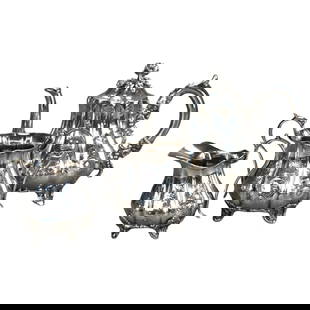 Antique Silver Plated Tea Set Melon Form Set of 3 C1890: Antique Silver Plated Tea Set Melon Form Set of 3 C1890 This exquisite three-piece antique silver plated tea set, crafted in the elegant melon form, showcases intricate foliate engraving dating back t