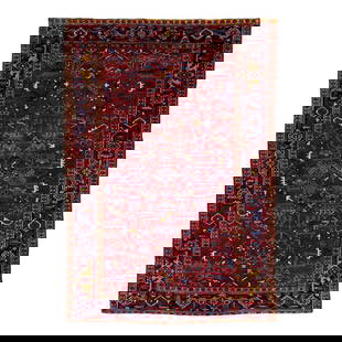 Vintage Persian Red Heriz Hand-Knotted Wool Rug 6'7 x 9'7: Vintage Persian Red Heriz Hand-Knotted Wool Rug 6'7 x 9'7 The Vintage Persian Red Heriz Hand-Knotted Wool Rug features a captivating allover pattern, showcasing intricate geometric motifs woven with e