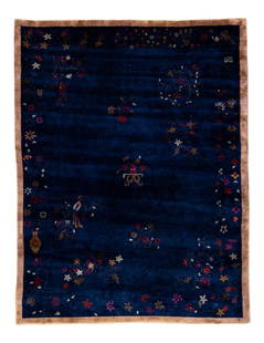 Antique Art Deco Chinese Floral Wool Rug 9' x 11'6": Antique Art Deco Chinese Floral Wool Rug 9' x 11'6" Explore the elegance of this stunning antique Art Deco Chinese hand-knotted wool rug. Featuring a vibrant blue field complemented by a rich brown fr