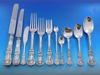 Tiffany & Co English King Sterling Silver Flatware Set 192 pcs Service: Tiffany & Co English King Sterling Silver Flatware Set 192 pcs Service Elevate your dining experience with this monumental 192-piece Sterling Silver Flatware Set from Tiffany & Co. Featuring the exqui