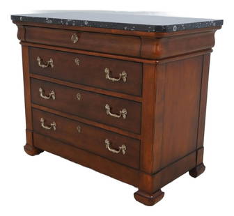 Elegant French Empire Dresser Chest with Marble Top and 4 Drawers: Elegant French Empire Dresser Chest with Marble Top and 4 Drawers This elegant French Empire dresser chest features a stunning marble top and showcases quality craftsmanship with dovetailed drawer con