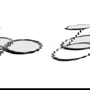 Chrome Mechanical Disk Table with Adjustable Glass Platforms: Chrome Mechanical Disk Table with Adjustable Glass Platforms This Chrome Mechanical Disk Table features three elegant round glass surfaces set within stylish chrome rings. The two smaller platforms, e