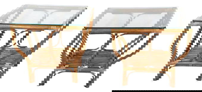 Stylish Mid Century Bamboo Glass End Tables Pair After Frankl: Stylish Mid Century Bamboo Glass End Tables Pair After Frankl This exceptional pair of mid-century bamboo and glass end tables showcases a stylish design, featuring stylized bamboo bases that support