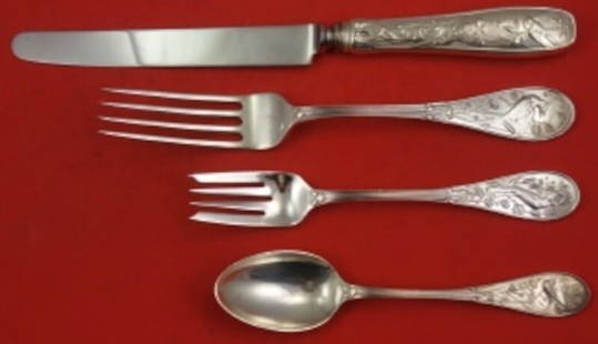 Tiffany & Co Audubon Sterling Silver 4-Piece Place Setting: Tiffany & Co Audubon Sterling Silver 4-Piece Place Setting Elevate your dining experience with this exquisite 4-piece place setting from the Audubon pattern, crafted by Tiffany & Co. Each piece is com