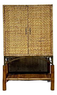 Vintage Coastal Rattan Armoire with Bamboo and Metal Base: Vintage Coastal Rattan Armoire with Bamboo and Metal Base Enhance your home with this Vintage Coastal Woven Rattan Armoire, a stunning combination of organic texture and functional elegance. This cabi