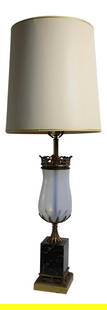 1960s Italianate Opaline Glass Table Lamp by Westwood 34in: 1960s Italianate Opaline Glass Table Lamp by Westwood 34in Sophisticated and chic table lamp by Westwood Lamps having an opaline glass body on a bold black marble base, with decorative cast metal trim