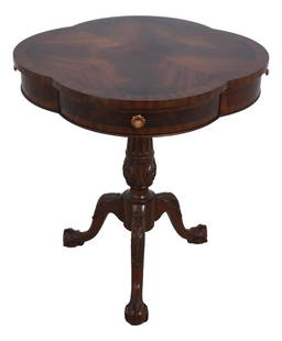 Maitland Smith Chippendale Mahogany Drum Table with Drawer: Maitland Smith Chippendale Mahogany Drum Table with Drawer This exquisite Maitland Smith Clover Top Drum Table is a stunning addition to any traditional decor. Crafted from quality mahogany, it featur