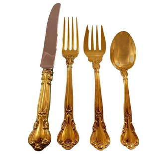 Chantilly Gold by Gorham Sterling Silver Flatware Set for 12 48 Pieces: Chantilly Gold by Gorham Sterling Silver Flatware Set for 12 48 Pieces Enhance your dining experience with the Chantilly Gold by Gorham Sterling Silver Flatware Set, designed to serve 12 guests with e