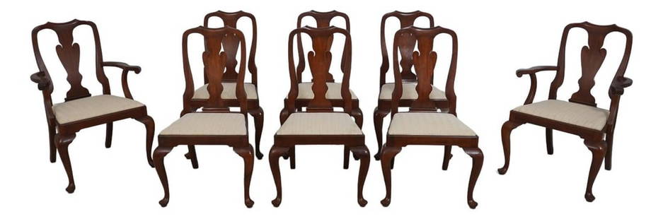 Set of 8 Henkel Harris Cherry Wood Dining Chairs Queen Anne Style: Set of 8 Henkel Harris Cherry Wood Dining Chairs Queen Anne Style This exquisite set of 8 Henkel Harris dining room chairs features a classic design with Queen Anne legs and pad feet, crafted from ric