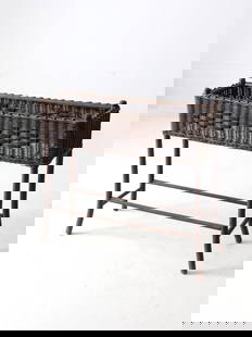 Antique Woven Wicker Plant Stand with Galvanized Planter: Antique Woven Wicker Plant Stand with Galvanized Planter Enhance your indoor or outdoor space with this charming antique woven wicker planter stand. The beautifully crafted brown wicker adds a natural