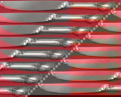 International Silver Brocade 8pc Sterling Silver Steak Knife Set: International Silver Brocade 8pc Sterling Silver Steak Knife Set Enhance your dining experience with this exquisite Brocade by International Sterling Silver Steak Knife Set. Featuring a beautiful holl