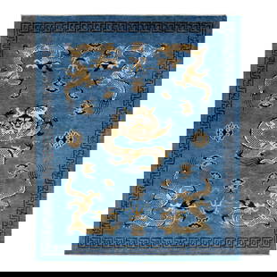 Handmade Wool Rug 8' x 9'9' Blue Dragon Design Modern Chinese Style: Handmade Wool Rug 8' x 9'9' Blue Dragon Design Modern Chinese Style This exquisite modern Chinese-style rug features a striking hand-knotted wool construction, showcasing a traditional dragon design i