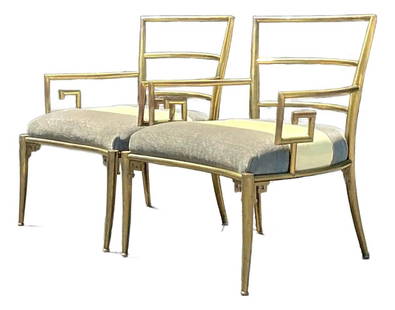 Pair of Vintage Regency Greek Key Brass Lounge Chairs Inspired by Mastercraft: Pair of Vintage Regency Greek Key Brass Lounge Chairs Inspired by Mastercraft Experience the elegance of this pair of Vintage Regency lounge chairs, beautifully crafted to embody timeless glamour and