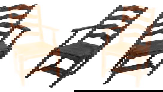Guy Chaddock Distressed Wood Ladderback Armchairs Pair with Rush Seats: Guy Chaddock Distressed Wood Ladderback Armchairs Pair with Rush Seats This pair of Guy Chaddock Distressed Ladderback Armchairs combines classic design with quality craftsmanship. Featuring factory d