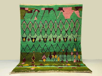 Authentic Green Handwoven Rug 8 x 5 Feet Morocco: Authentic Green Handwoven Rug 8 x 5 Feet Morocco Introducing an Elegant Authentic Green Rug, handwoven in the Atlas Mountains by skilled Berber women weavers. This stunning piece showcases traditional