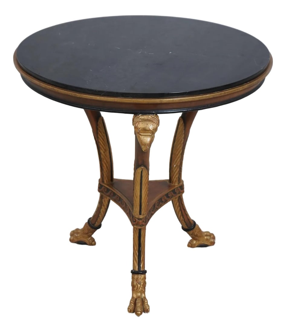 Vintage Italian Round Gold Gilt Lamp Table with Black Marble Top 28.5": Vintage Italian Round Gold Gilt Lamp Table with Black Marble Top 28.5" This exquisite Italian round lamp table features a stunning black marble top complemented by a rich gold gilt finish. Crafted wit