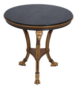 Vintage Italian Round Gold Gilt Lamp Table with Black Marble Top 28.5": Vintage Italian Round Gold Gilt Lamp Table with Black Marble Top 28.5" This exquisite Italian round lamp table features a stunning black marble top complemented by a rich gold gilt finish. Crafted wit
