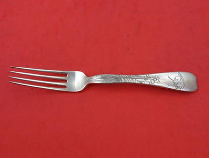 Tiffany & Co Sterling Silver Fork 7 1/4 Lap Over Edge Acid Etched Swallow: Tiffany & Co Sterling Silver Fork 7 1/4 Lap Over Edge Acid Etched Swallow This exquisite sterling silver regular fork features the elegant Lap Over Edge Acid Etched pattern by Tiffany & Co., dating ba