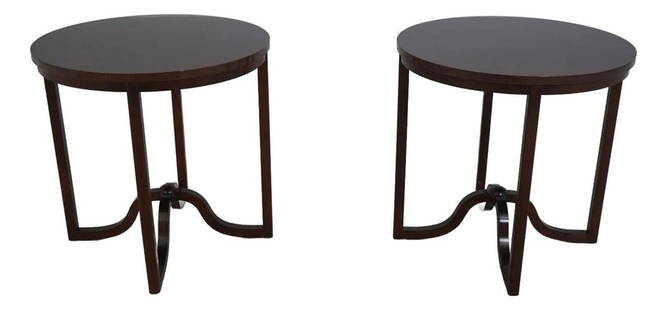 Laura Kirar Pair of Modern Round Lamp Tables in Brown Wood: Laura Kirar Pair of Modern Round Lamp Tables in Brown Wood This elegant pair of round lamp tables, designed by Laura Kirar, showcases modern aesthetics with high-quality craftsmanship. Constructed fro