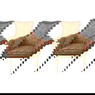 Elegant Grosfeld House Decorative Chairs Pair 39.5in Tall: Elegant Grosfeld House Decorative Chairs Pair 39.5in Tall This elegant pair of decorative chairs, attributed to Grosfeld House, features stylish carved wood frames complemented by upholstered seats, a