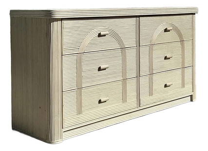 Vintage Coastal Arched Pencil Reed Dresser Ivory 59.75": Vintage Coastal Arched Pencil Reed Dresser Ivory 59.75" Elevate your home decor with this Mid 20th Century Vintage Coastal Arched Pencil Reed Dresser. This charming dresser features a timeless design