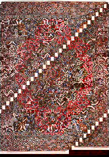 10.2 x 12.7 Red Semi Antique Persian Bakhtiari Rug Hand Knotted: 10.2 x 12.7 Red Semi Antique Persian Bakhtiari Rug Hand Knotted Enhance your home with this exquisite 10.2 x 12.7 Red Semi Antique Hand Knotted Persian Bakhtiari Rug, meticulously handcrafted by skill