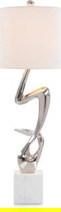 John-Richard Polished Nickel Table Lamp with White Linen Shade: John-Richard Polished Nickel Table Lamp with White Linen Shade Illuminate your space with this elegant Polished Nickel Table Lamp featuring a sleek white linen shade. The lamp stands at a height of 34
