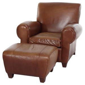 Pottery Barn Vintage Leather Club Chair and Ottoman Set 20th Century