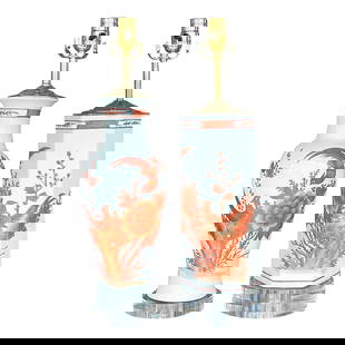 Chinoiserie Table Lamps - Set of Two: Chinoiserie Table Lamps - Set of Two This exquisite set of two vintage Chinoiserie table lamps showcases a beautiful blend of floral and bird motifs in vibrant orange against an elegant off-white back