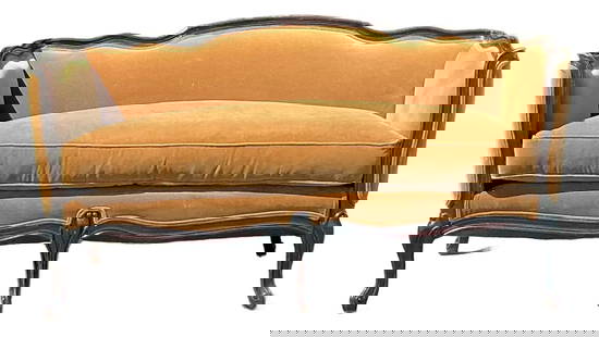 Vintage Louis XV Mustard Velvet Settee with Ornate Wood Frame: Vintage Louis XV Mustard Velvet Settee with Ornate Wood Frame This exquisite vintage Louis XV-style settee showcases timeless elegance with its gracefully curved silhouette and luxurious mustard-hued