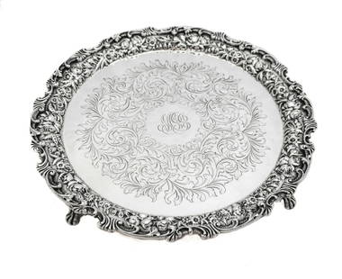Elegant 15 Inch American 925 Silver Chased Reposse Platter Tray: Elegant 15 Inch American 925 Silver Chased Reposse Platter Tray This exquisite American-made serving platter tray is crafted from fine 925 sterling silver, showcasing beautifully handcrafted ornamente