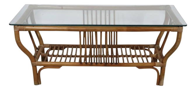 Chic Mid Century Bamboo Glass Coffee Table Coastal Design: Chic Mid Century Bamboo Glass Coffee Table Coastal Design This chic mid-century coffee table embodies a coastal style, featuring a formed bamboo base complemented by a polished edge tempered glass top