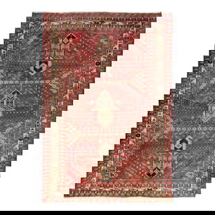 Vintage Persian Handmade Wool Rug Red Geometric 4'2" x 6'4": Vintage Persian Handmade Wool Rug Red Geometric 4'2" x 6'4" Discover the elegance of this Vintage Handmade Persian Wool Rug, featuring a striking red field adorned with multicolor geometric accents. E