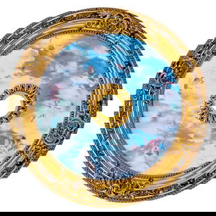 36" Antique Gold Chandelier Medallion with Blue Sky Angels: 36" Antique Gold Chandelier Medallion with Blue Sky Angels Enhance your space with this stunning 36" Round Chandelier Ceiling Medallion, featuring an Antique Gold finish adorned with beautiful blue sk