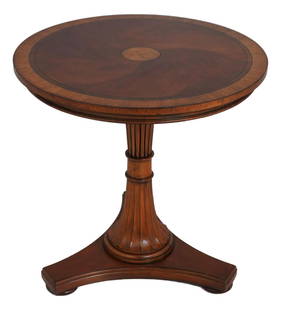 Ethan Allen Regency Style Lamp Table Cherry Burl Elm Inlay 28": Ethan Allen Regency Style Lamp Table Cherry Burl Elm Inlay 28" This elegant Regency style lamp table features a stunning cherry top with a burl elm center inlay, exuding timeless charm and sophisticat