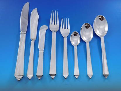 Georg Jensen Pyramid Sterling Silver Flatware Set for 8 70 Pieces Art Deco: Georg Jensen Pyramid Sterling Silver Flatware Set for 8 70 Pieces Art Deco Elevate your dining experience with this exquisite Pyramid flatware set by Georg Jensen, crafted from high-quality sterling s
