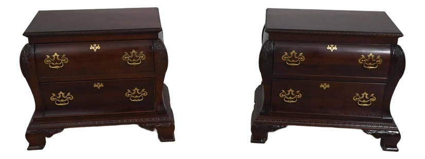 Elegant Pair Mahogany Bombe Nightstands with Brass Hardware: Elegant Pair Mahogany Bombe Nightstands with Brass Hardware This exquisite pair of Bombe Base Mahogany Nightstands showcases elegant curved lines and a rich brown finish that enhances any bedroom deco